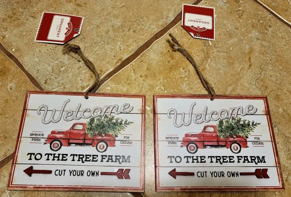 New HOLIDAY TIME Set of 2 Ornaments Wood Vintage Look - Red Truck Tree Farm 6